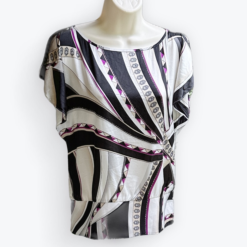 Office Siren Pucci-esque Geometric Abstract Silk Stretch Flutter Sleeve Top ~ XS